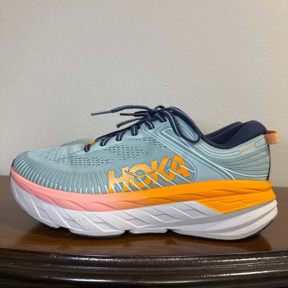 Hoka One One Bondi 7 Women's Running Shoes in Blue Haze and Orange women 8.5
